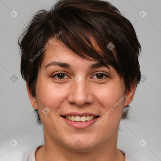 Joyful white adult female with medium  brown hair and brown eyes