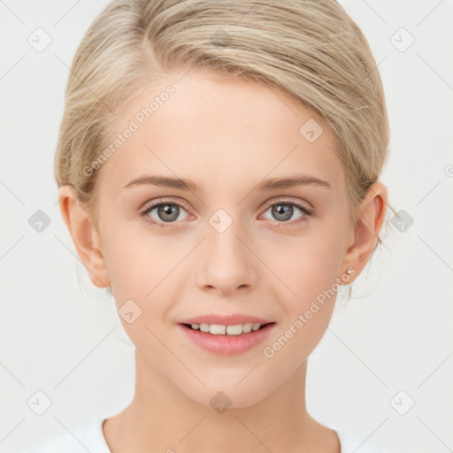 Joyful white young-adult female with medium  brown hair and blue eyes