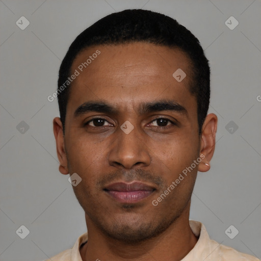 Neutral latino young-adult male with short  black hair and brown eyes