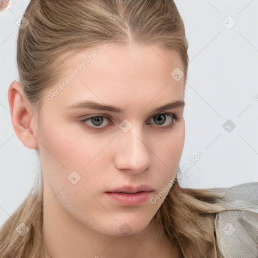 Neutral white young-adult female with long  brown hair and blue eyes