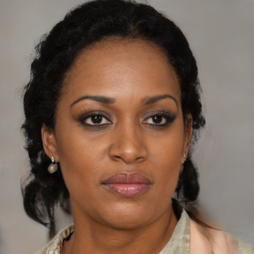 Neutral black young-adult female with medium  brown hair and brown eyes