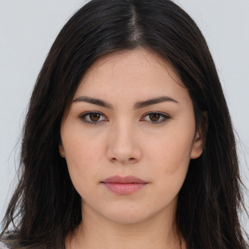 Neutral asian young-adult female with long  brown hair and brown eyes