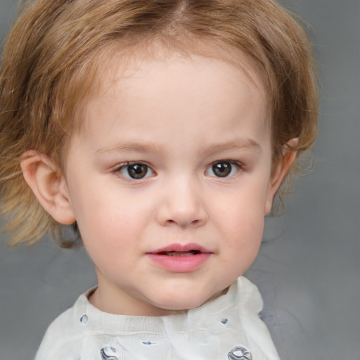 Neutral white child female with medium  brown hair and grey eyes