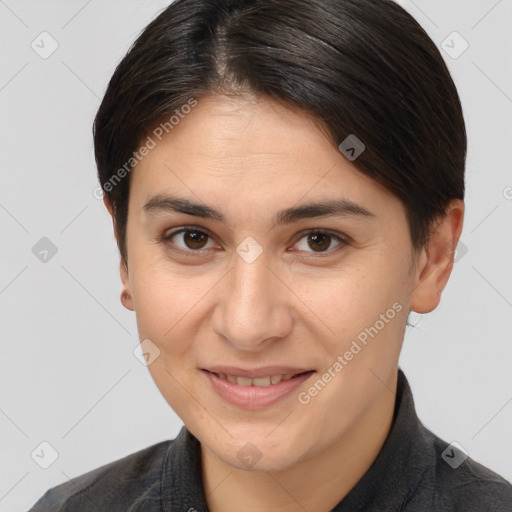 Joyful white young-adult female with short  brown hair and brown eyes