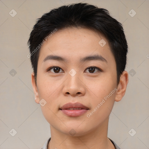 Joyful asian young-adult female with short  black hair and brown eyes