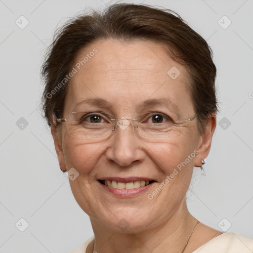 Joyful white middle-aged female with short  brown hair and brown eyes