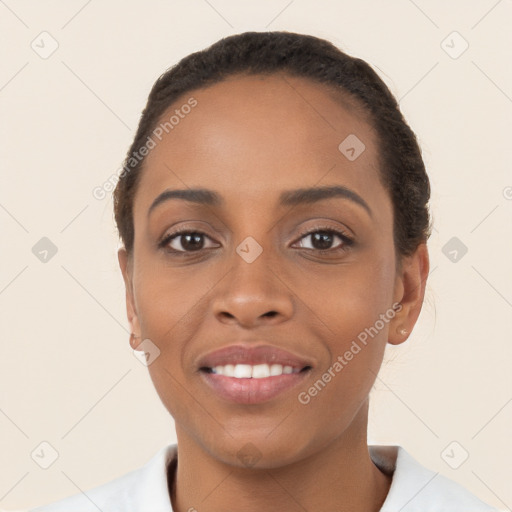 Joyful latino young-adult female with short  black hair and brown eyes