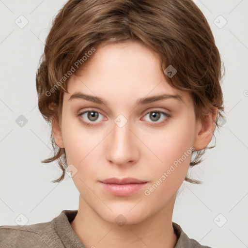 Neutral white young-adult female with medium  brown hair and grey eyes