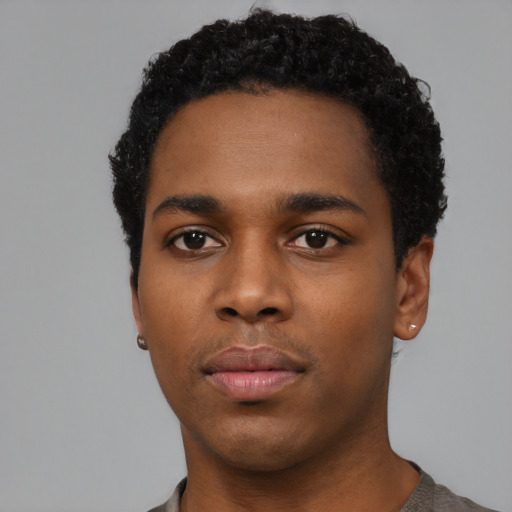 Neutral black young-adult male with short  black hair and brown eyes