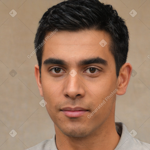 Neutral asian young-adult male with short  black hair and brown eyes