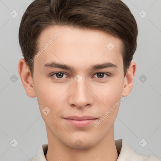 Neutral white young-adult male with short  brown hair and brown eyes