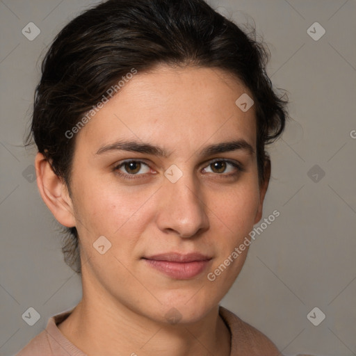 Joyful white young-adult female with short  brown hair and brown eyes