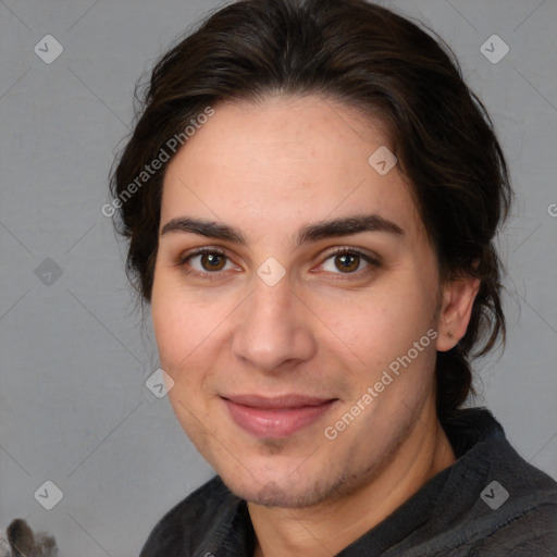 Joyful white adult female with medium  brown hair and brown eyes