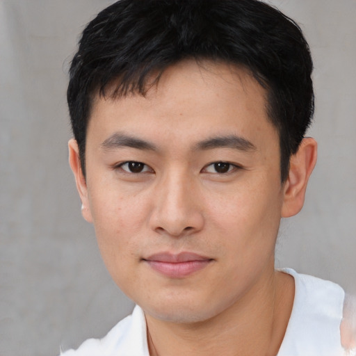 Neutral asian young-adult male with short  black hair and brown eyes