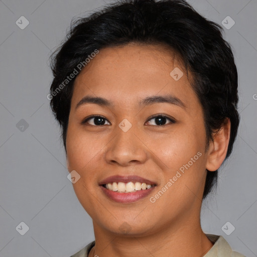 Joyful asian young-adult female with short  brown hair and brown eyes