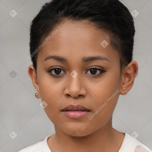 Neutral latino young-adult female with short  brown hair and brown eyes