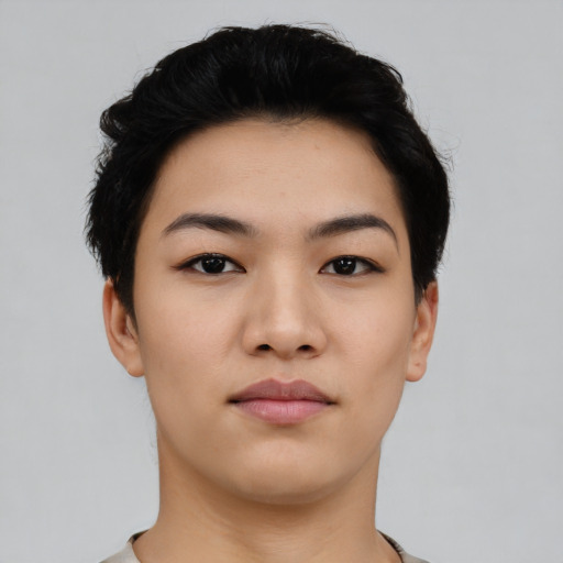 Neutral asian young-adult female with short  black hair and brown eyes