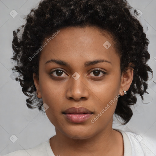 Neutral black young-adult female with medium  brown hair and brown eyes