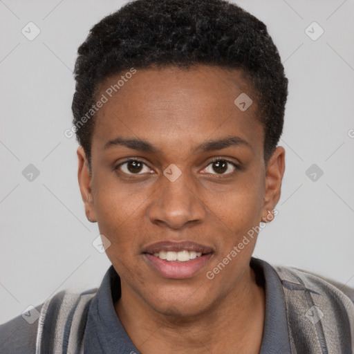 Joyful black young-adult male with short  brown hair and brown eyes