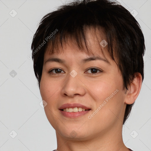 Joyful white young-adult female with short  brown hair and brown eyes