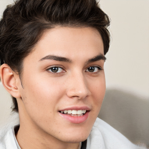 Joyful white young-adult male with medium  brown hair and brown eyes