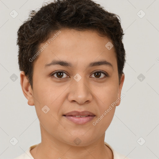 Joyful white young-adult female with short  brown hair and brown eyes