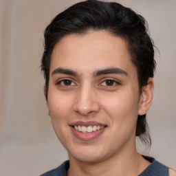 Joyful white young-adult male with medium  brown hair and brown eyes