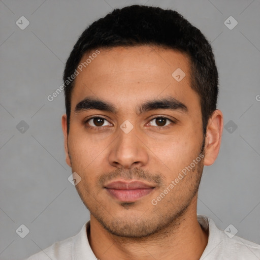 Neutral latino young-adult male with short  black hair and brown eyes