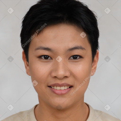 Joyful asian young-adult female with short  black hair and brown eyes