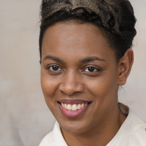 Joyful black young-adult female with short  brown hair and brown eyes