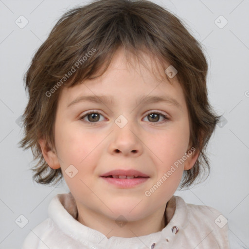 Joyful white child female with medium  brown hair and brown eyes