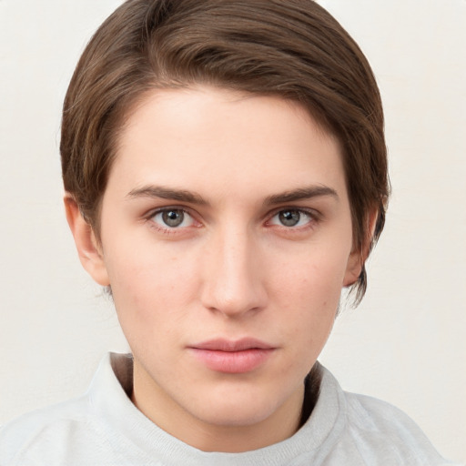 Neutral white young-adult female with short  brown hair and grey eyes