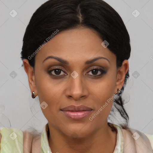 Joyful latino young-adult female with medium  brown hair and brown eyes