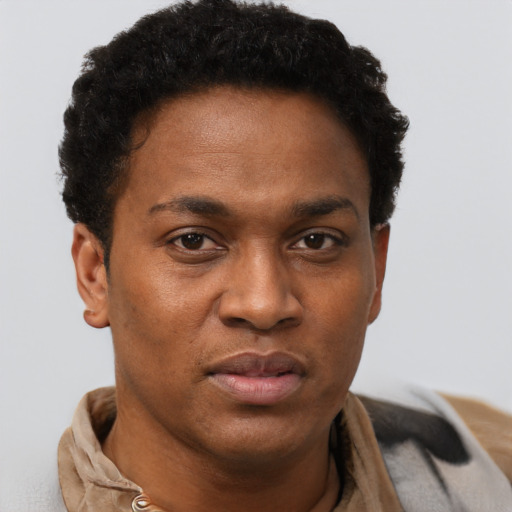 Neutral black adult male with short  brown hair and brown eyes