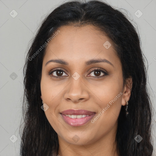 Joyful latino young-adult female with long  brown hair and brown eyes
