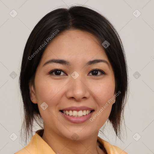 Joyful asian young-adult female with medium  brown hair and brown eyes