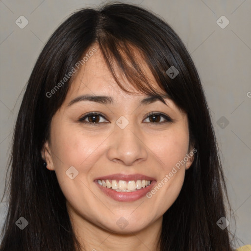 Joyful white young-adult female with long  brown hair and brown eyes