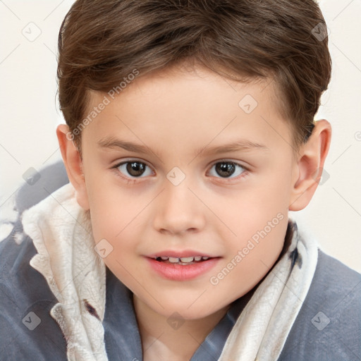 Joyful white child male with short  brown hair and brown eyes