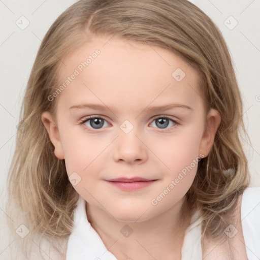 Joyful white child female with medium  brown hair and grey eyes