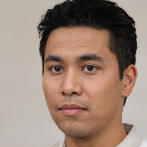 Neutral asian young-adult male with short  black hair and brown eyes