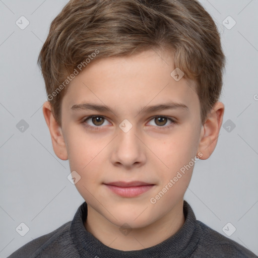 Joyful white child male with short  brown hair and brown eyes