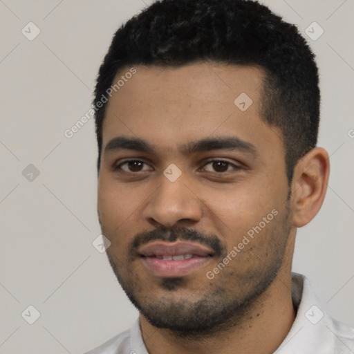 Neutral latino young-adult male with short  black hair and brown eyes