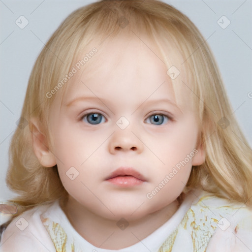 Neutral white child female with medium  brown hair and blue eyes