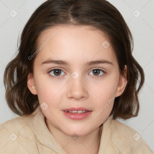 Joyful white child female with medium  brown hair and brown eyes