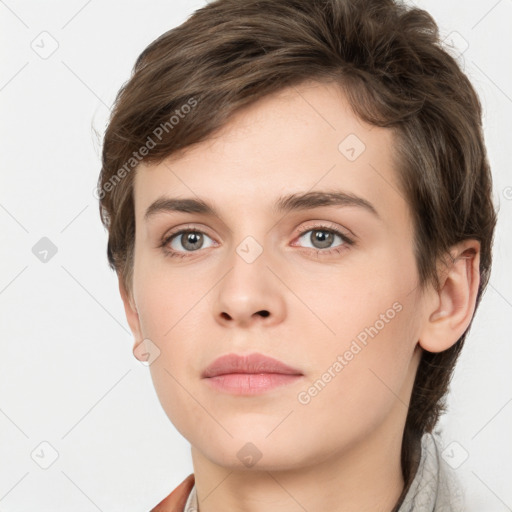 Neutral white young-adult female with short  brown hair and brown eyes