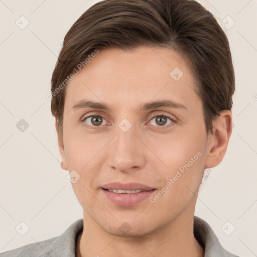 Joyful white young-adult female with short  brown hair and grey eyes