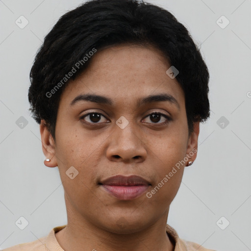 Joyful latino young-adult female with short  black hair and brown eyes