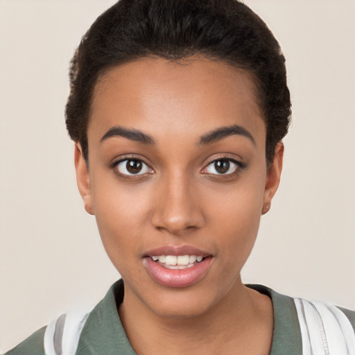 Joyful white young-adult female with short  black hair and brown eyes