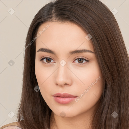 Neutral white young-adult female with long  brown hair and brown eyes