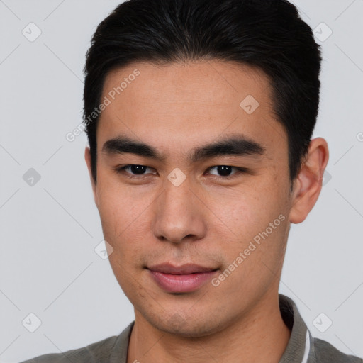 Neutral asian young-adult male with short  brown hair and brown eyes